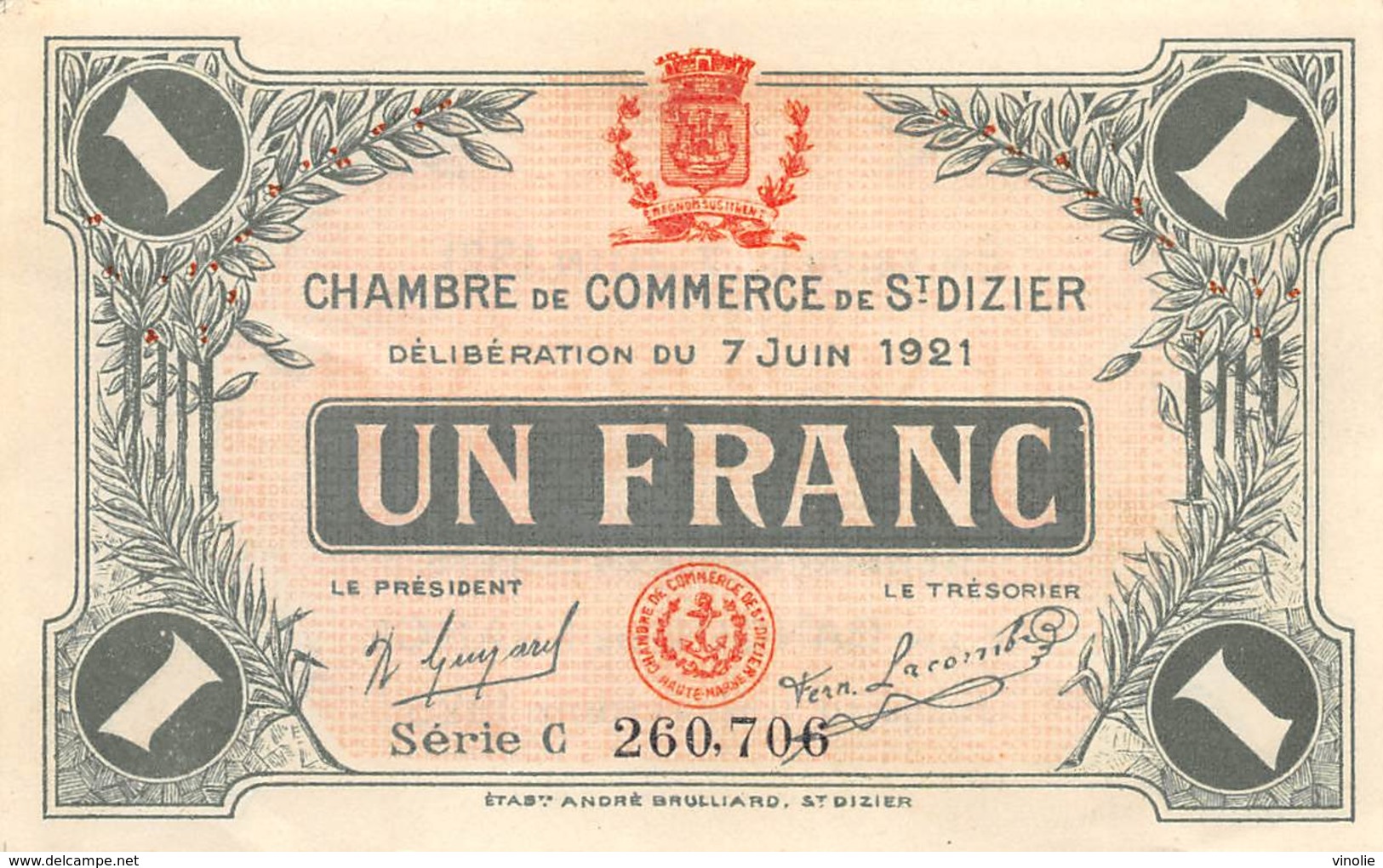 .D.18-2248 : CHAMBRE DU COMMERCE 1 FRANC. SAINT-DIZIER. HAUTE-MARNE. - Chambre De Commerce