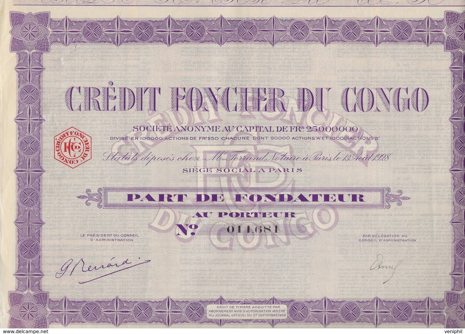 CREDIT FONCIER DU CONGO - PART DE FONDATEUR - ANNEE 1928 - Bank En Verzekering