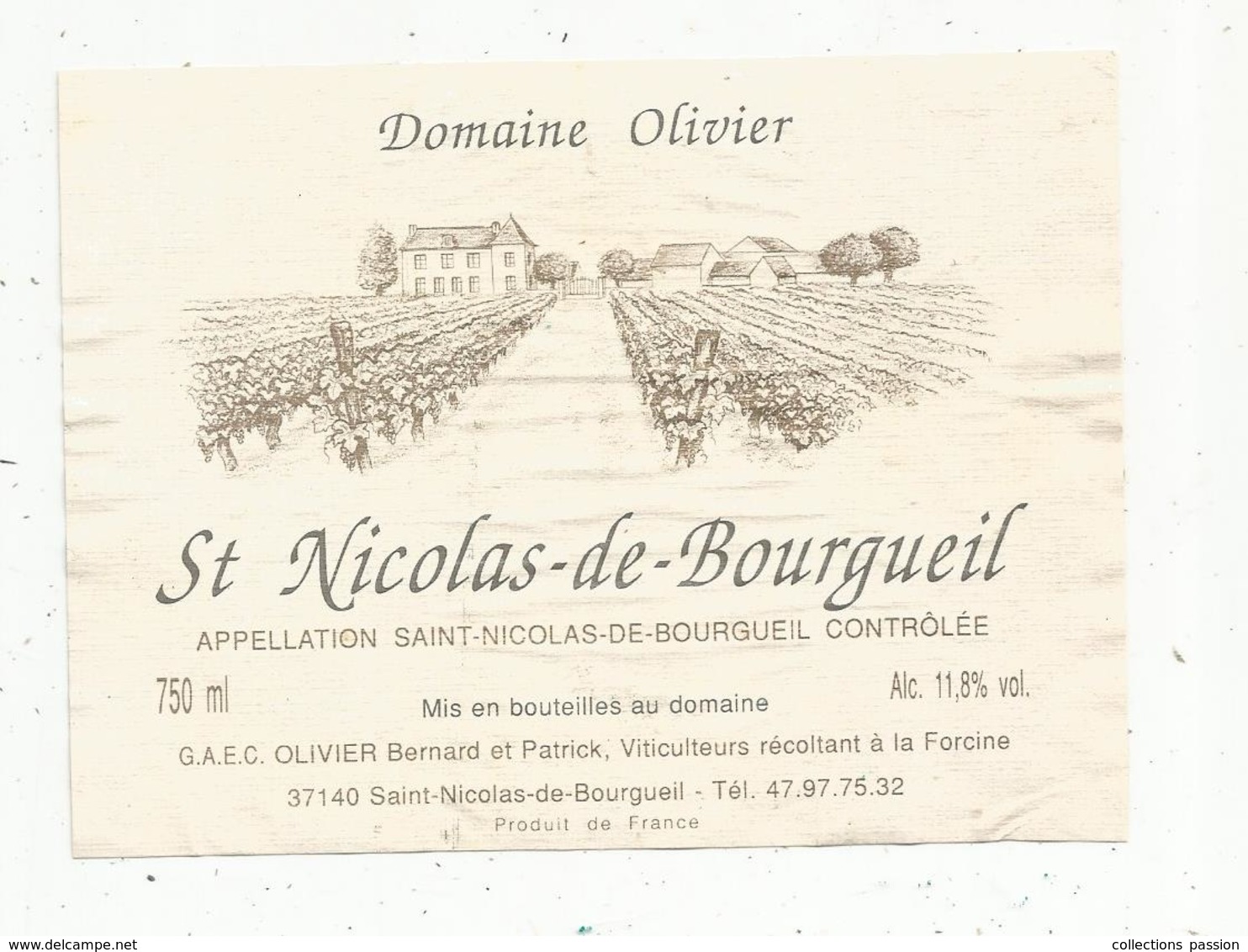 étiquette De Vin, SAINT NICOLAS DE BOURGUEIL , Domaine Olivier à La Forcine - Vino Tinto