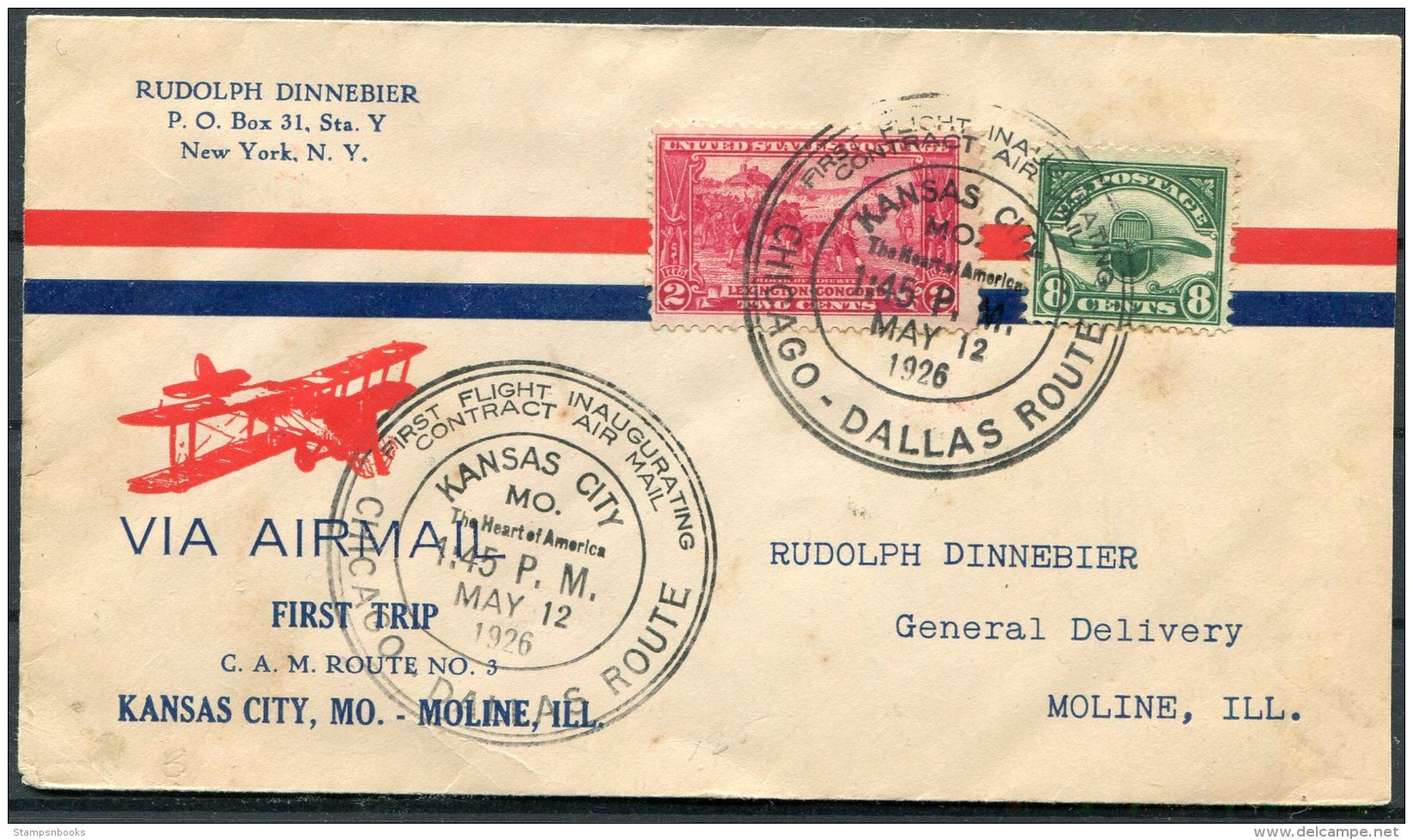 1926 USA First Flight Cover Kansas City - Moline, Illinois. Chicago - Dallas Route - 1c. 1918-1940 Covers