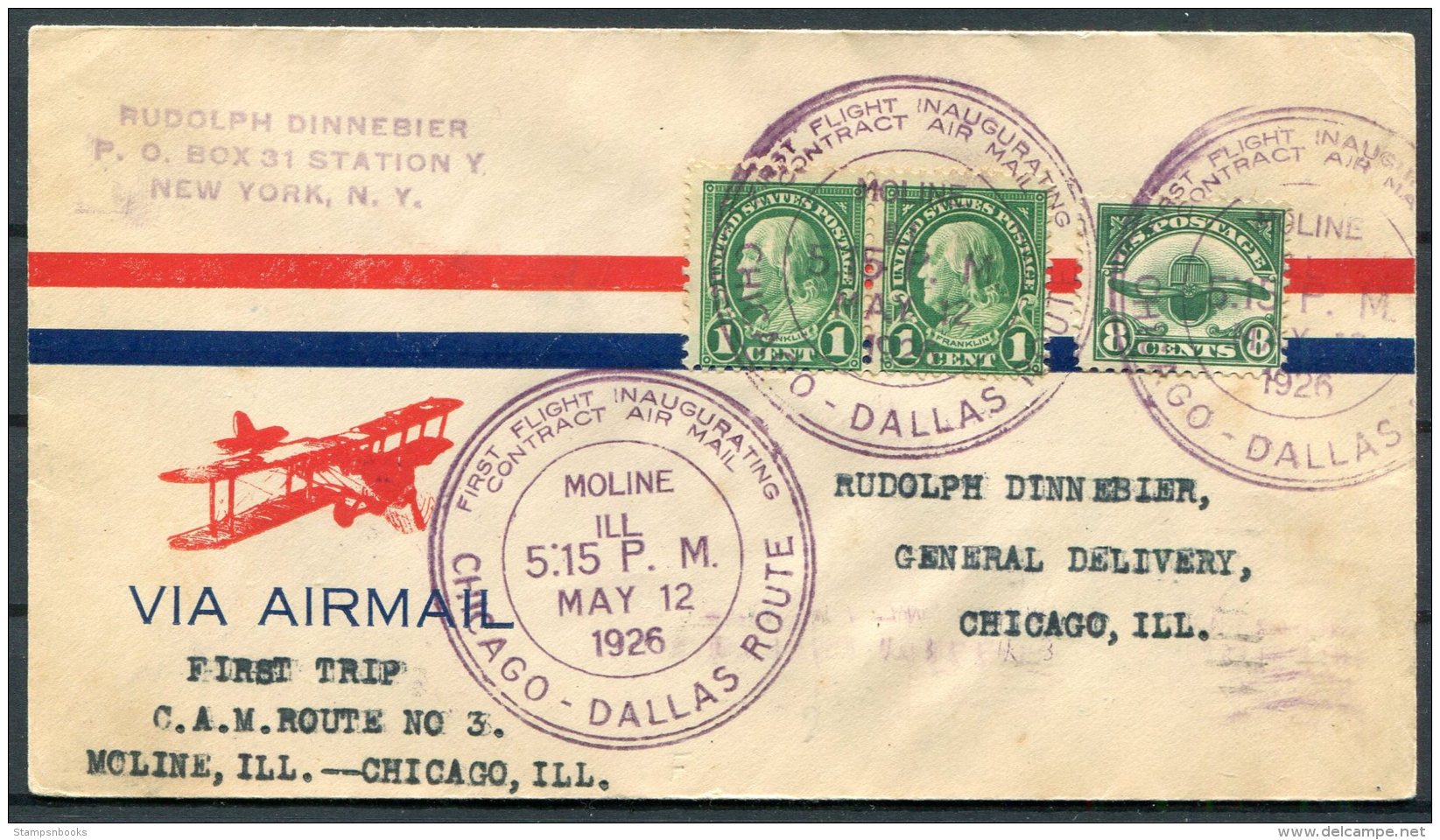 1926 USA First Flight Cover Moline - Chicago. Chicago - Dallas Route - 1c. 1918-1940 Covers