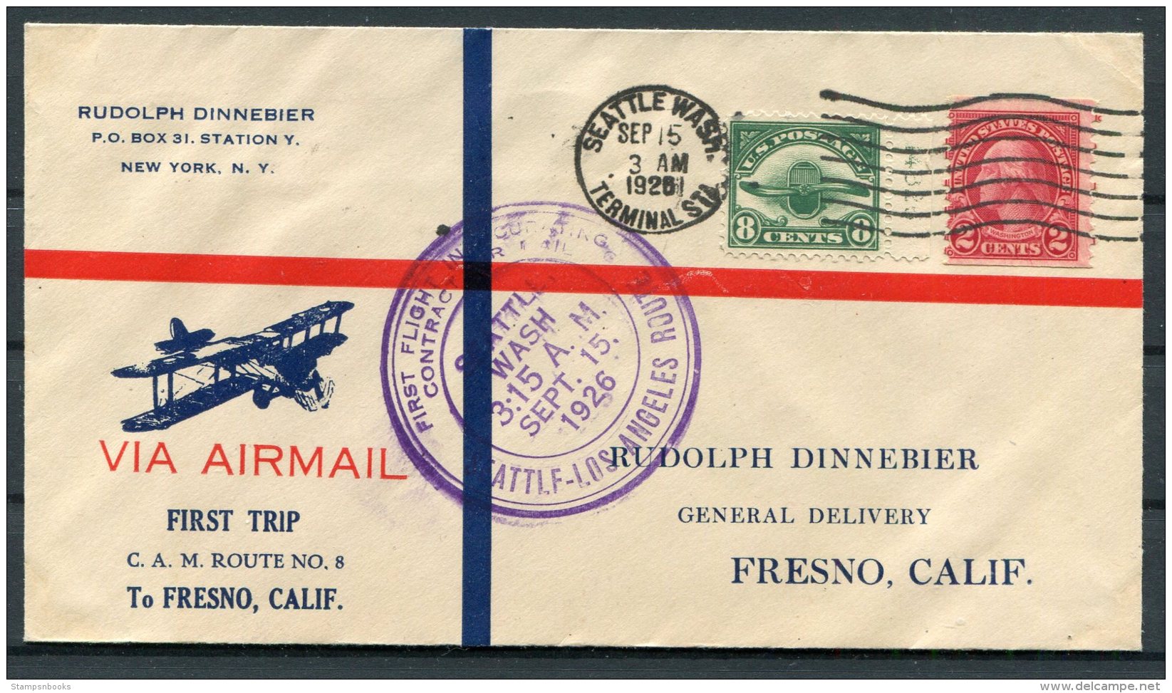 1926 USA First Flight Cover Seattle - Fresno, Seattle - Los Angeles Route - 1c. 1918-1940 Covers