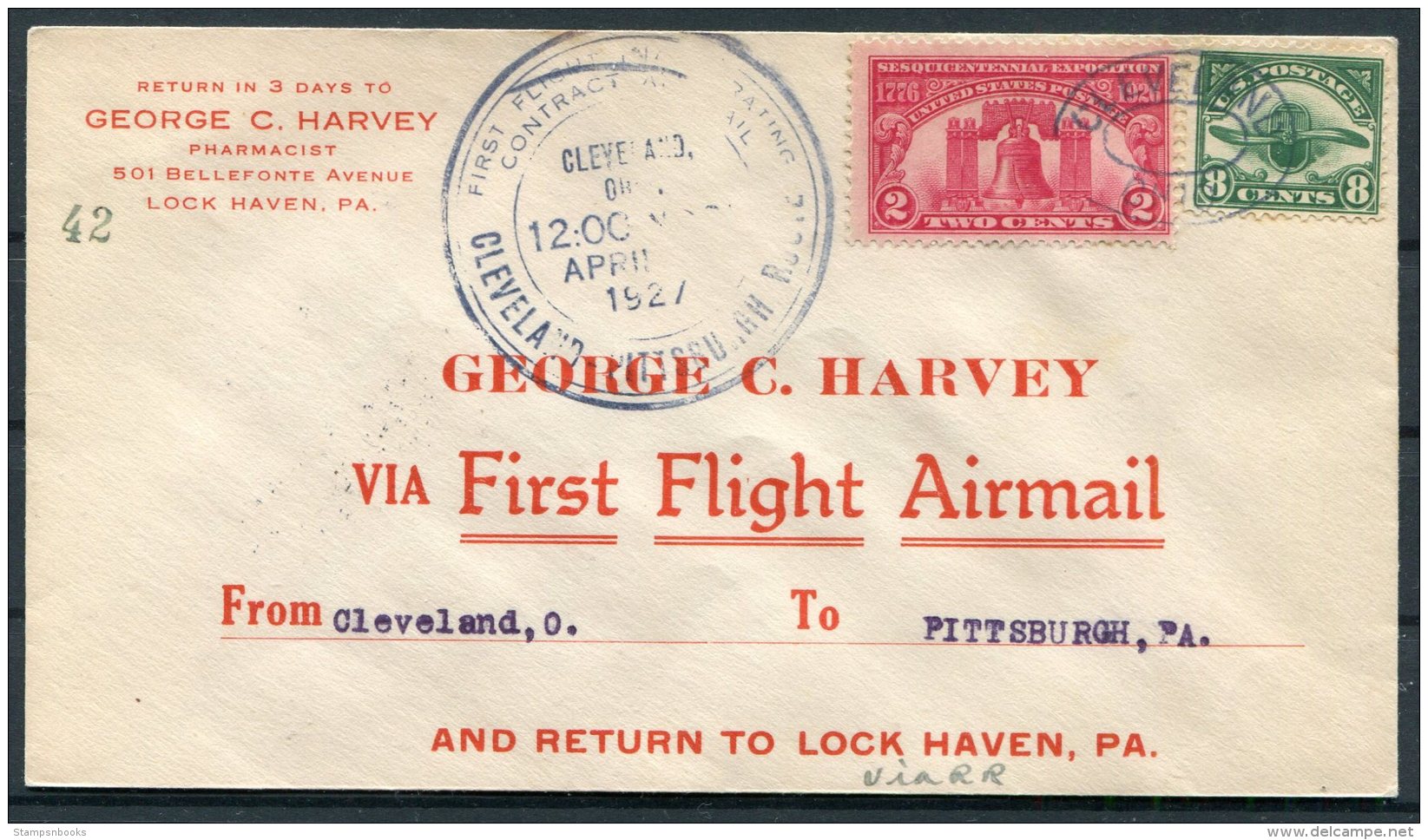 1927 USA First Flight Cover Cleveland - Pittsburgh. - 1c. 1918-1940 Covers