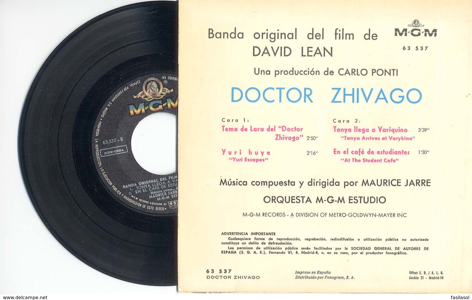 EP 45tours : BOF De Doctor Zhivago (1966)  (Edition Espagnole) - Musique De Films