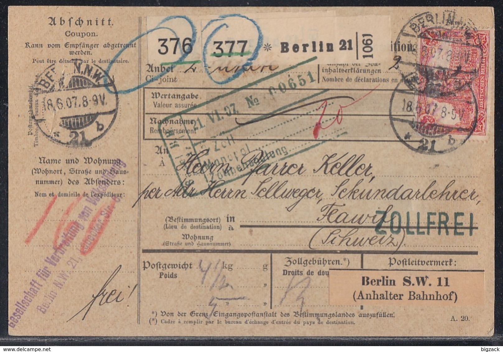 DR Paketkarte Für 2 Pakete Mif Minr.5x 83I,91I,94AI Berlin 18.6.07 Gel. In Schweiz - Briefe U. Dokumente