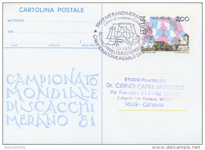 Italia 1981 FDC Intero Postale Cartolina 200 Lire Campionato Mondiale Di Scacchi A Merano Viaggiata Chess Echecs Ajedrez - Scacchi