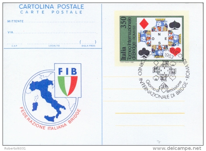 Italia 1983 FDC Intero Postale Cartolina 350 Lire Torneo Internazionale Di Bridge A Roma - Non Classificati