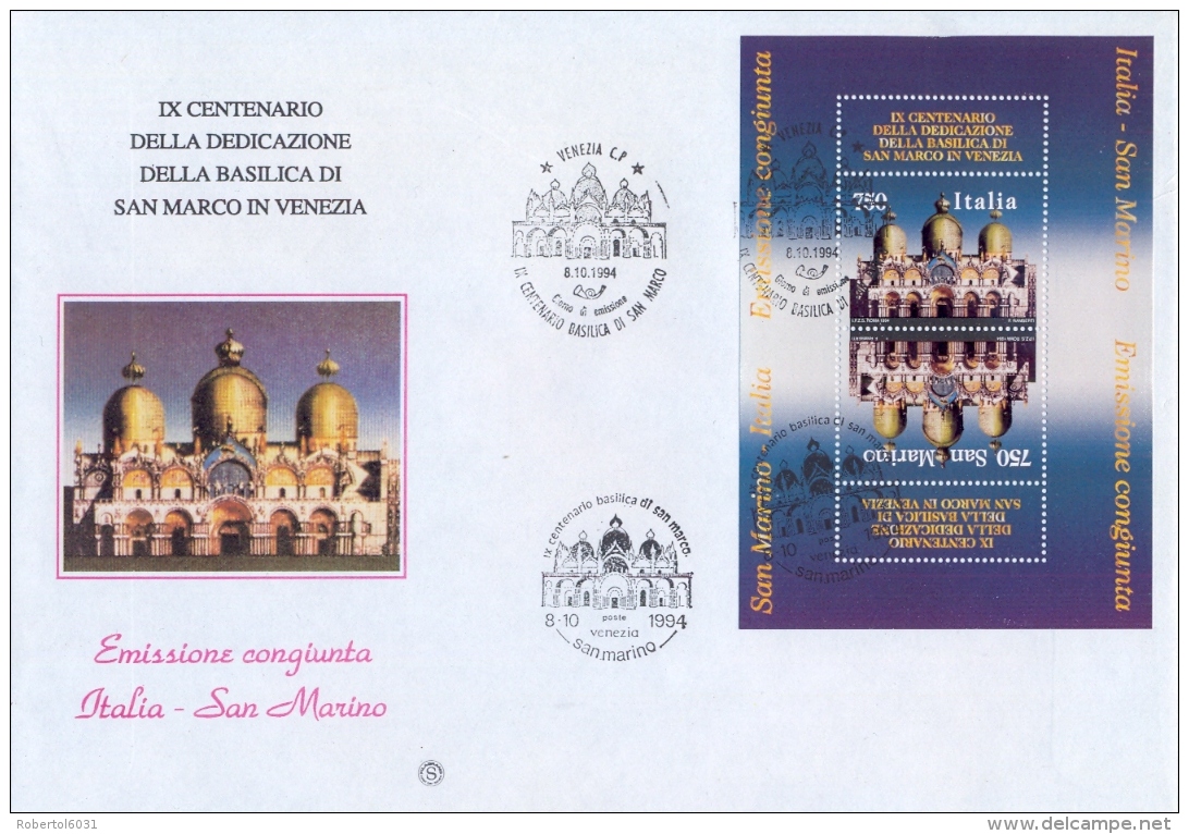 Italia San Marino 1994 Emissione Congiunta Su Foglietto FDC FILAGRANO 900° Dedicazione Basilica Di San Marco A Venezia - Chiese E Cattedrali
