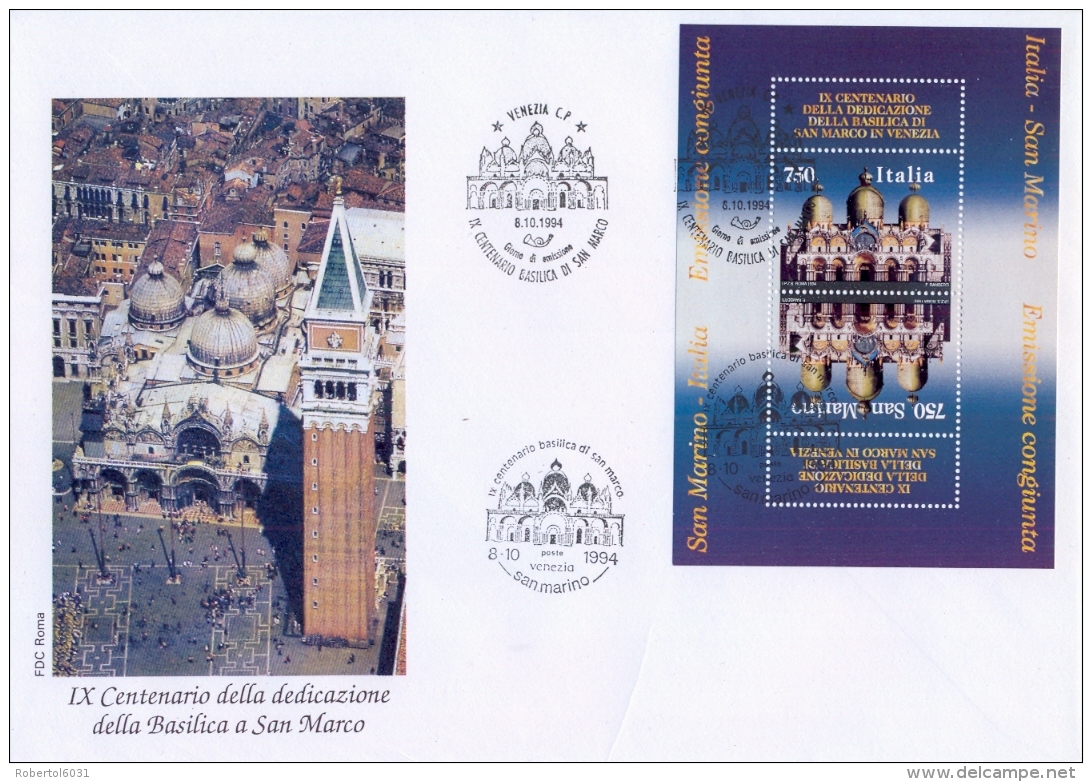 Italia San Marino 1994 Emissione Congiunta Su Foglietto FDC ROMA 900° Dedicazione Basilica Di San Marco A Venezia - Chiese E Cattedrali