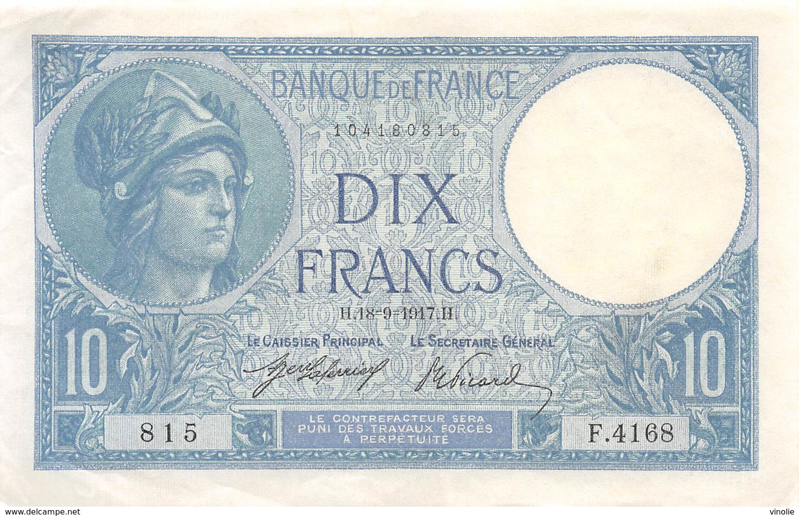 .BILLET.18- : 10 F MINERVE  H.18=9=1917.H - 10 F 1916-1942 ''Minerve''