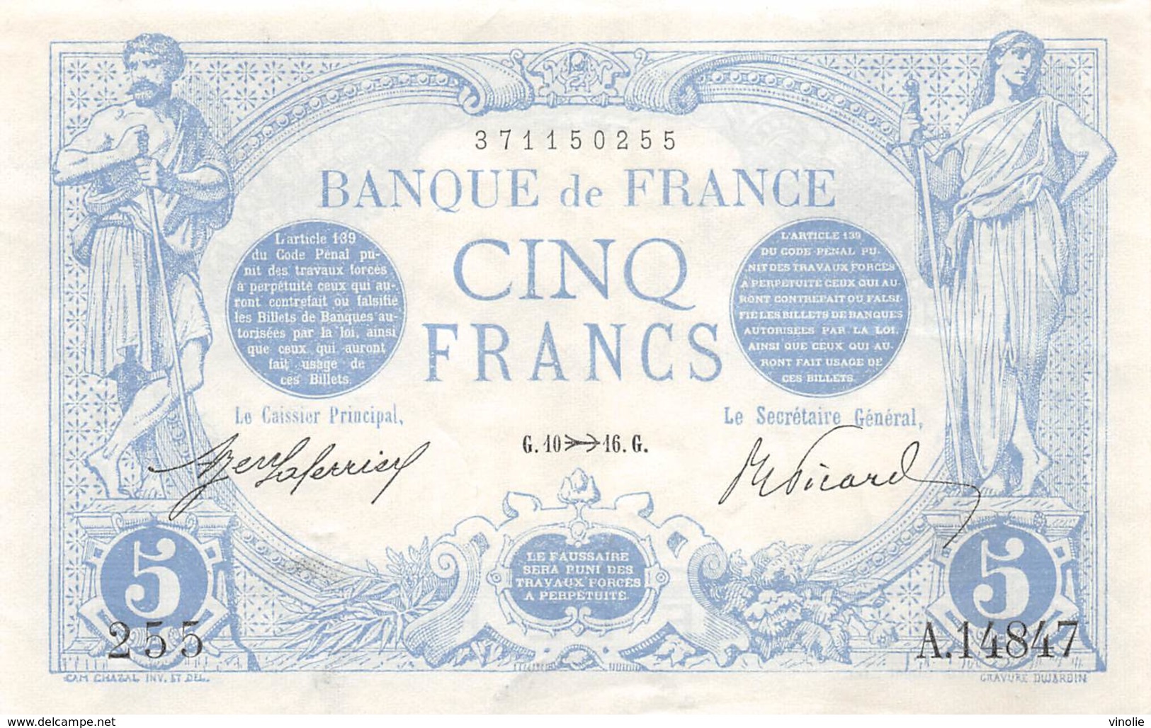 .BILLET.18- : 5 F BLEU. G.10  16.G - 5 F 1912-1917 ''Bleu''