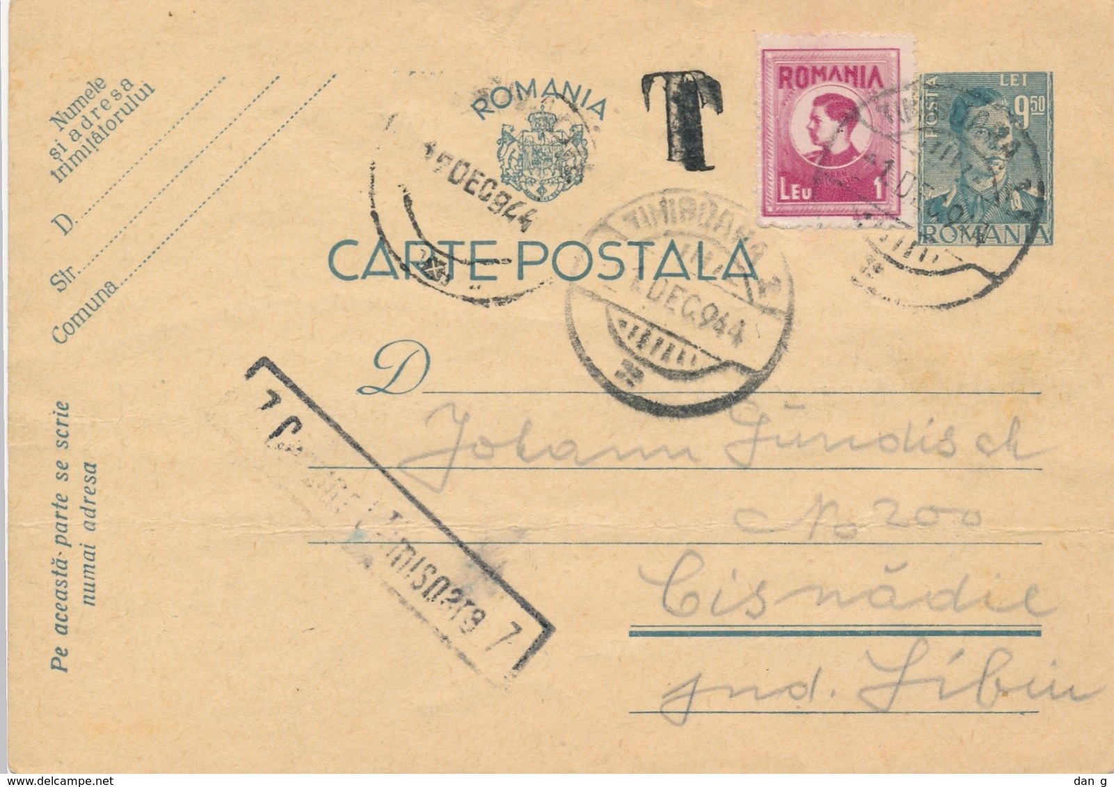 1944 Romania Timisoara Censor To Cisnadie Revenue Stamp Postage Due T Porto - 2. Weltkrieg (Briefe)