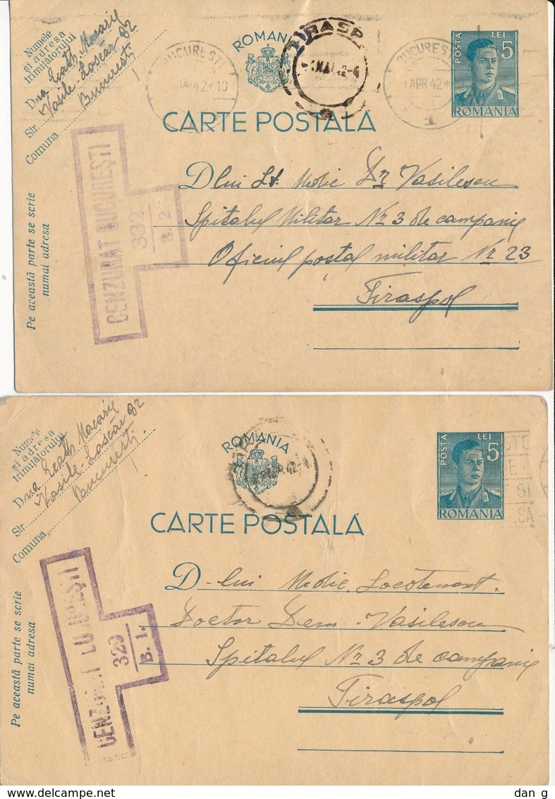 1943 Romania 2 X Censor Postcard To TIRASPOL Transnistria - 2. Weltkrieg (Briefe)