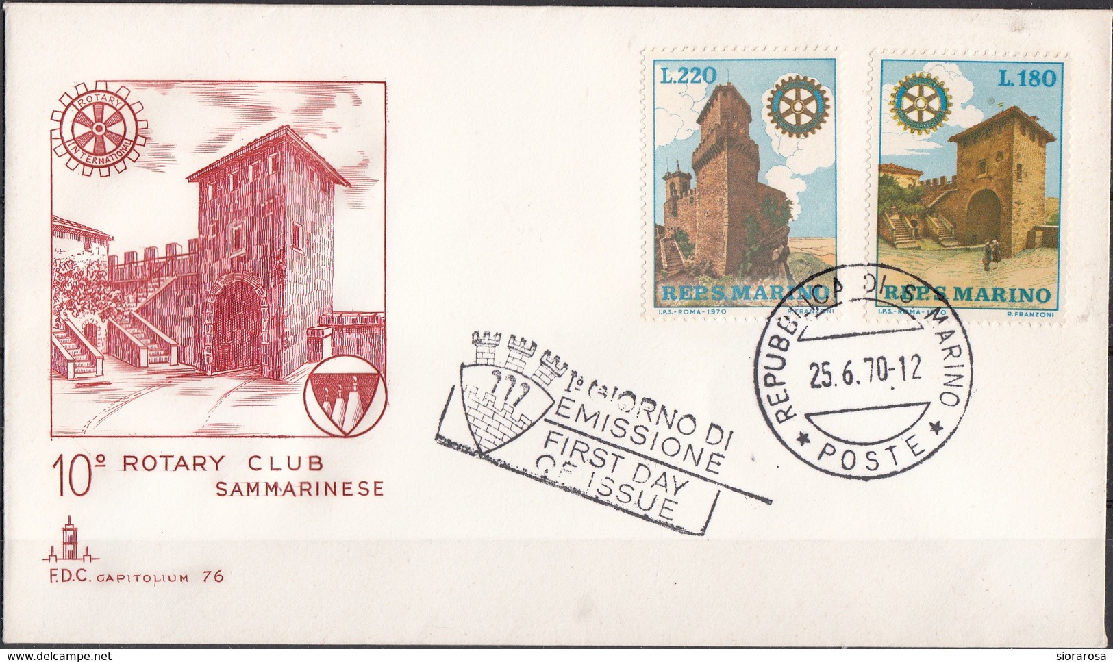 San Marino 1970 Blf. 817-818 10° Rotary Club San Marinese La Posta S. Francesco - La Rocca FDC Capitolium Primo Giorno - Rotary, Lions Club