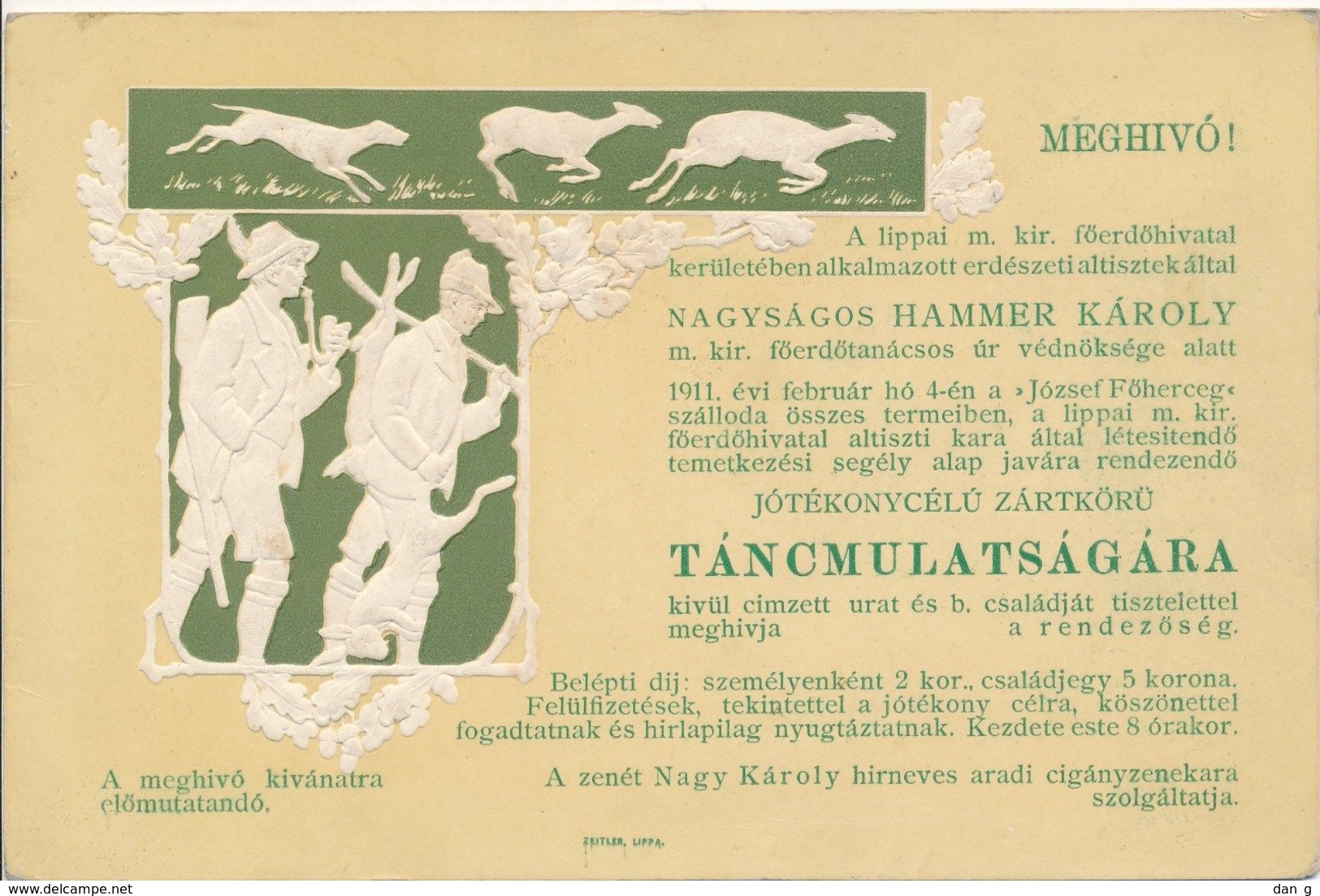 Hungary 1911 Romania Lippa Lipova Hunting Forest Office Dance Invitation - Programme