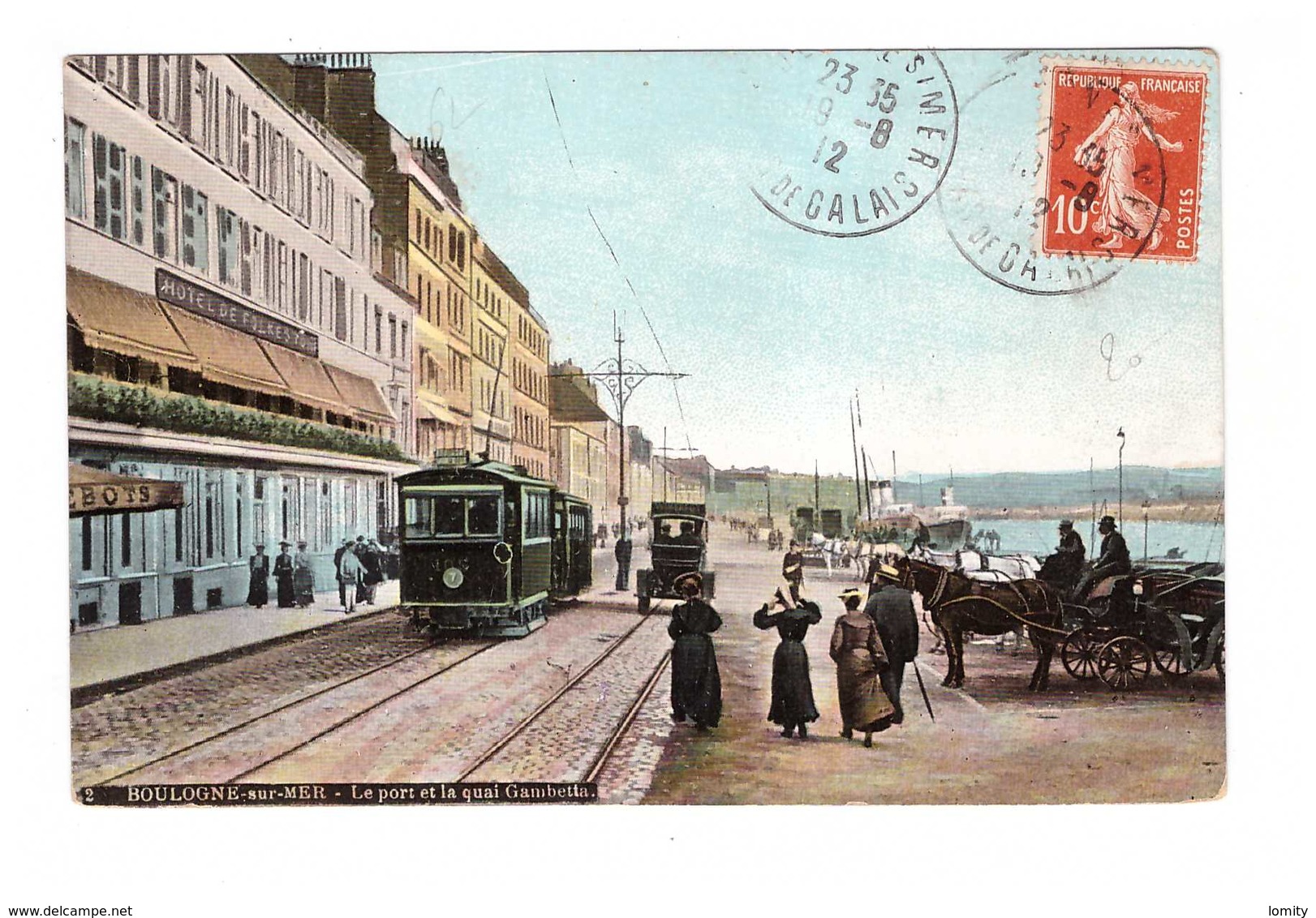 62 Boulogne Sur Mer Le Port Et Le Quai Gambetta Cpa Tram Tramway Attelage Hotel De Folkestone Cachet 1912 - Boulogne Sur Mer