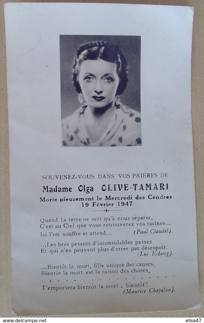 MADAME  OLGA  OLIVE  TAMARI   MORTE  PIEUSEMENT LE MERCRDI  DES  CENDRES  19 FEVRIER  1947 - Esquela