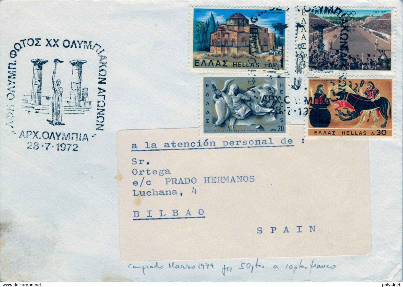 1972 , GRECIA , SOBRE CIRCULADO A BILBAO , MAT. ESPECIAL , OLIMPIADAS - Covers & Documents