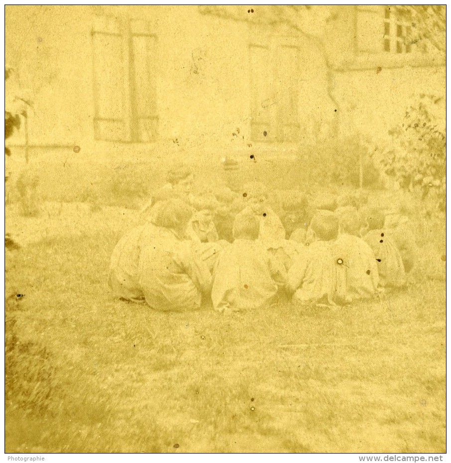 France Fantaisie Enfants Au Jardin Ancienne Photo Stereo 1870 - Stereoscopic