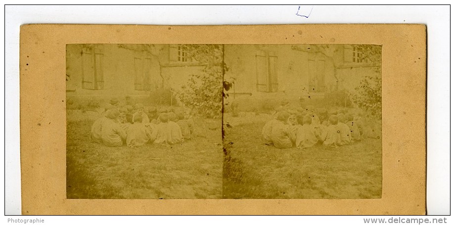 France Fantaisie Enfants Au Jardin Ancienne Photo Stereo 1870 - Stereoscopic