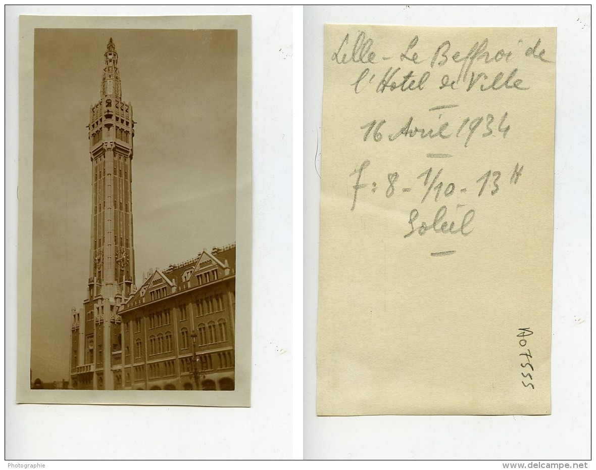 France Lille Le Beffroi De L'Hotel De Ville Ancienne Photo Capin 1934 - Places