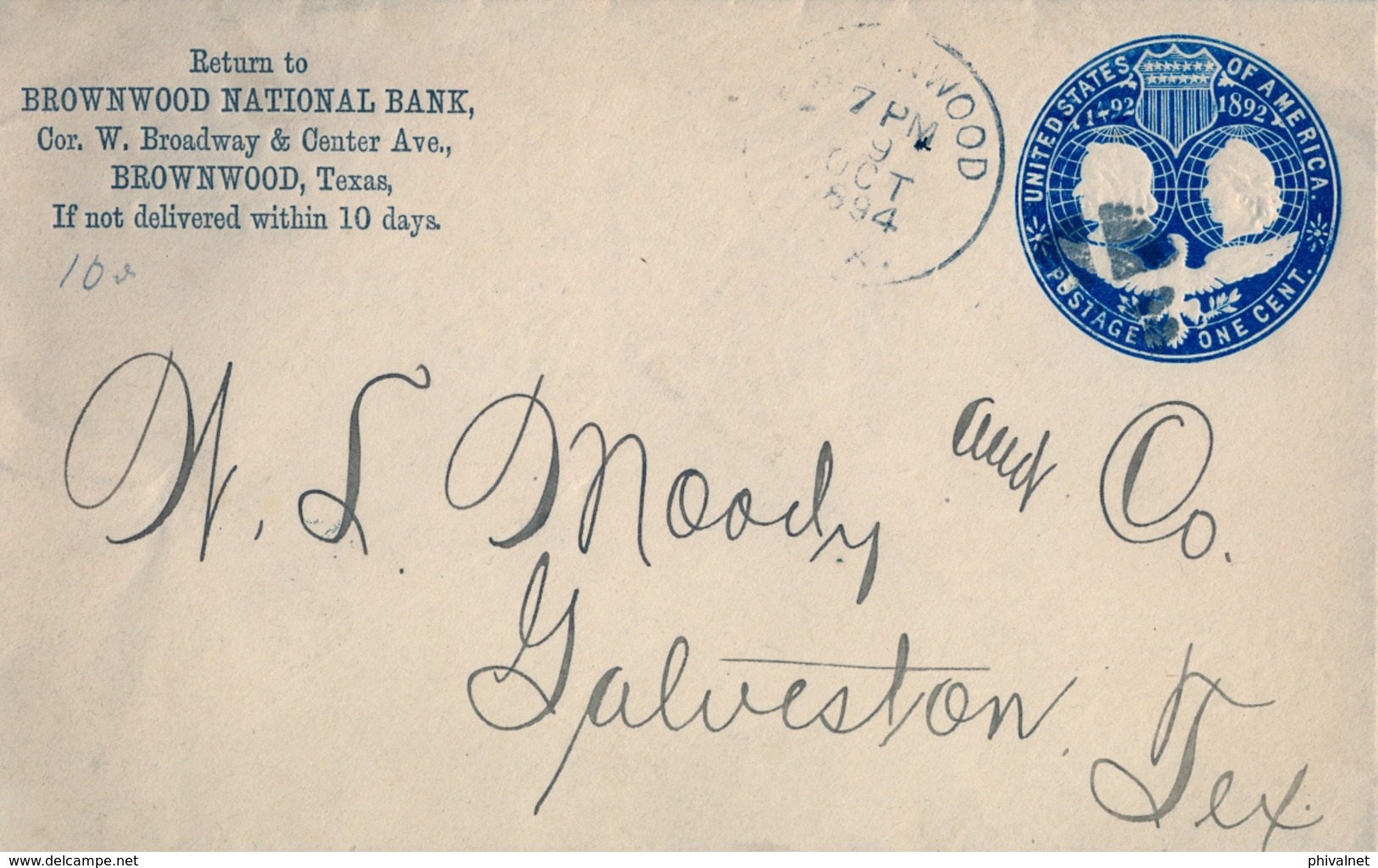 1894 , ESTADOS UNIDOS , SOBRE ENTERO POSTAL DEL BROWNWOOD NATIONAL BANK , CIRCULADO A CALVESTON , LLEGADA - Cartas & Documentos