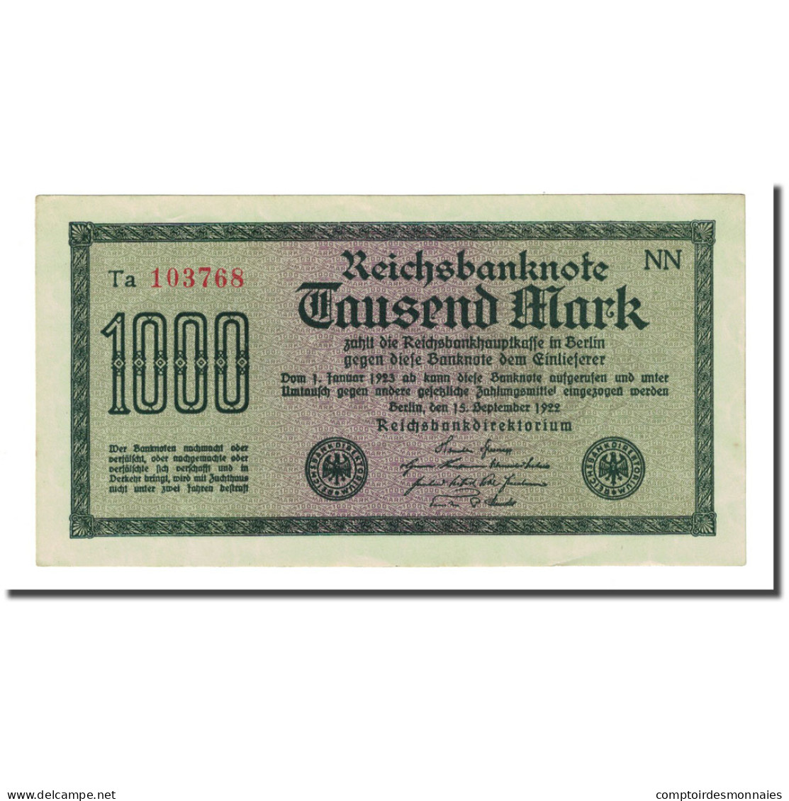 Billet, Allemagne, 1000 Mark, 1922-09-15, KM:76g, SPL - 1.000 Mark