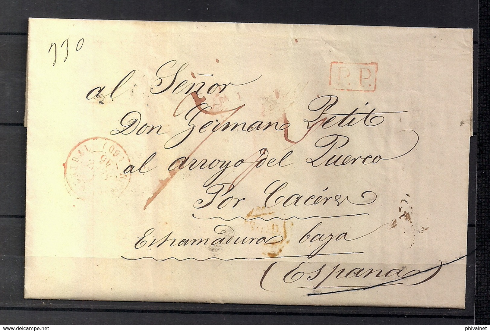 1845 PARIS, CARTA A ARROYO DEL PUERCO - CÁCERES , FECHADOR " BUREAU CENTRAL ", MARCA P.P. Y PORTEO - 1801-1848: Precursores XIX