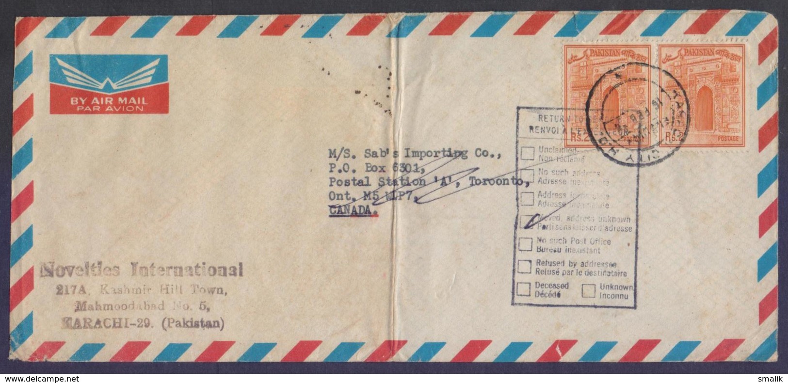 Postal History PAKISTAN To CANADA, Return To Sender Cover,  Used With PAIR Of Sona Mosque Gate - Pakistan