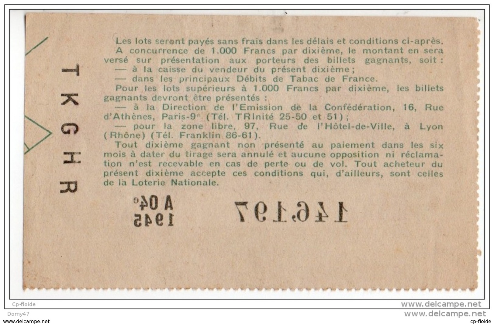 FRANCE . LOTERIE NATIONALE . CONFÉDÉRATION DES DÉBITANTS DE TABAC 1945 - Réf. N°4887 - - Lottery Tickets