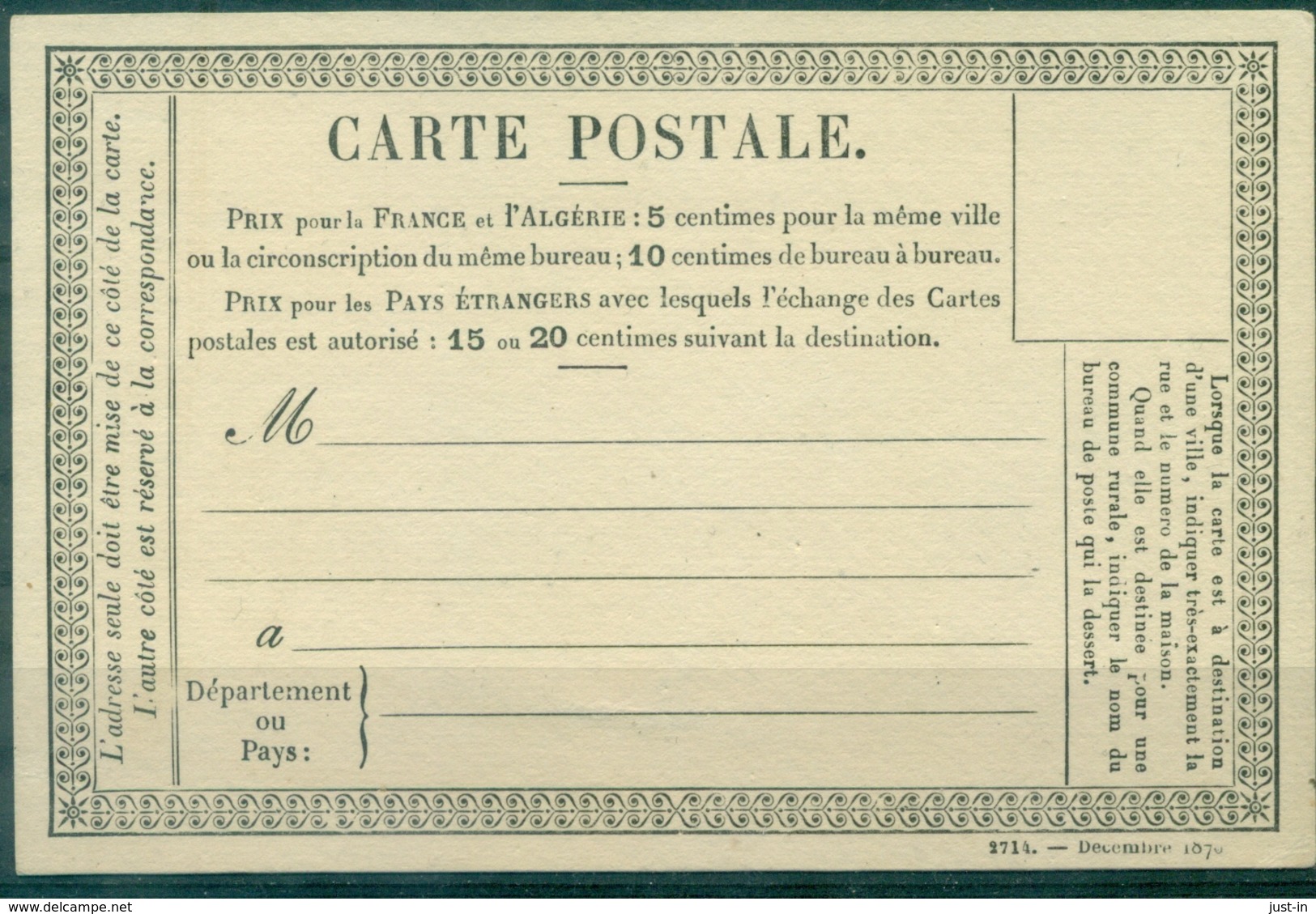 FRANCE Carte Précurseur NON EMIS (N°2714 Dec. 1876 ) N° 39 C Cat STORCH  Neuve Et TB . Rare. - Precursor Cards