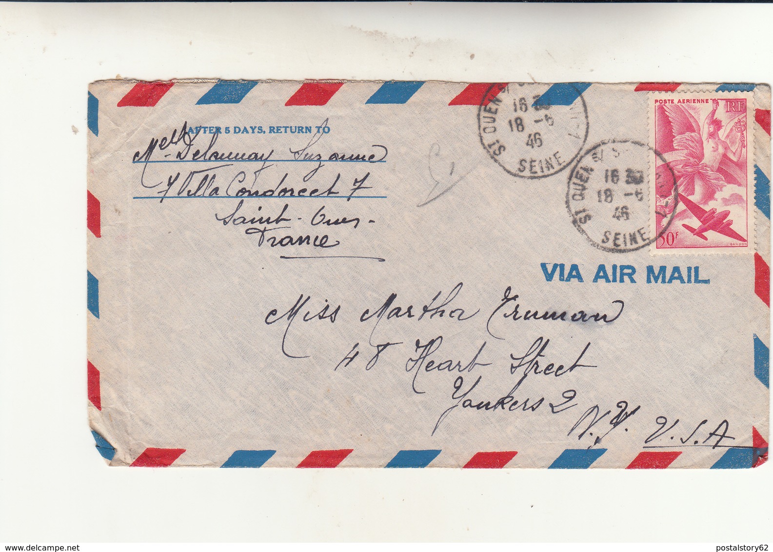 Saint Ouen To New York Cover 1946 - Storia Postale