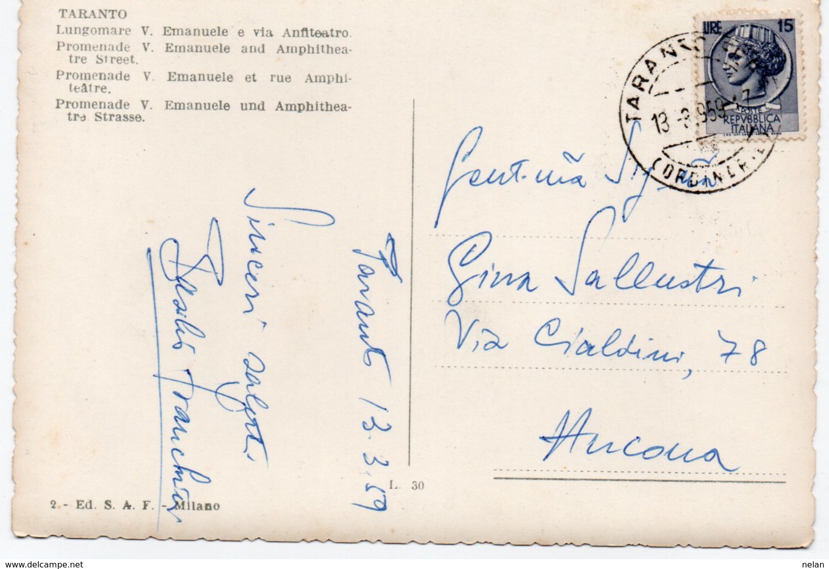 TARANTO-LUNGOMARE-V.EMANUELE E VIA ANFITEATRO-VIAGGIATA 1959  F.G - Taranto