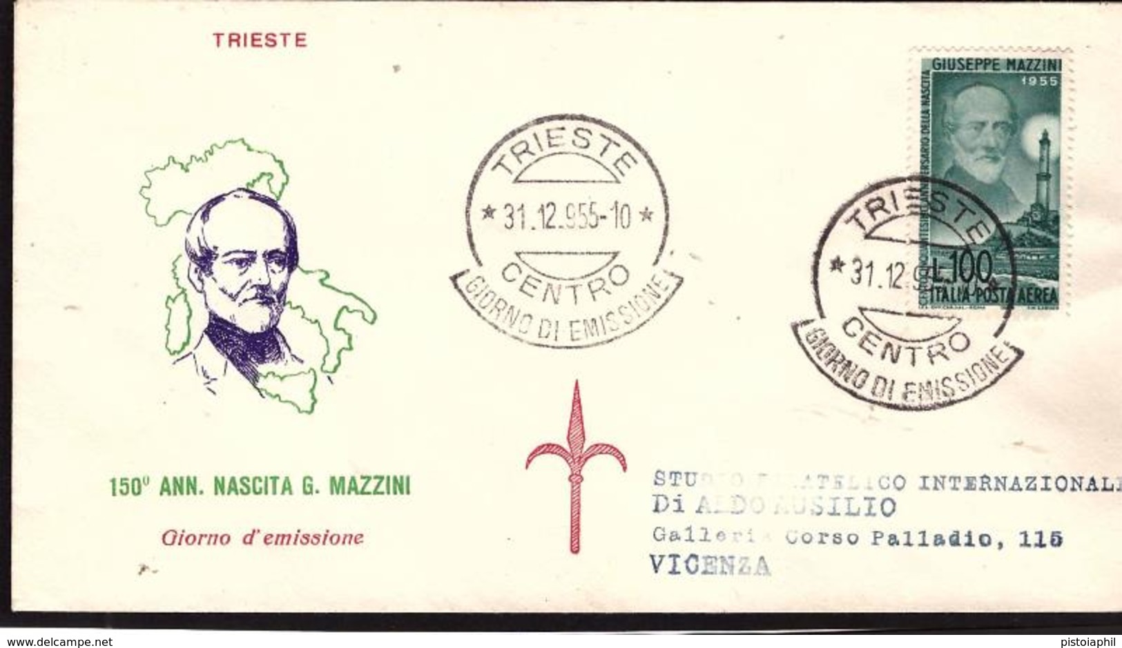 Fdc Tergeste: POSTA AEREA 1000 Lire Mazzini (1955) AF_Trieste - FDC