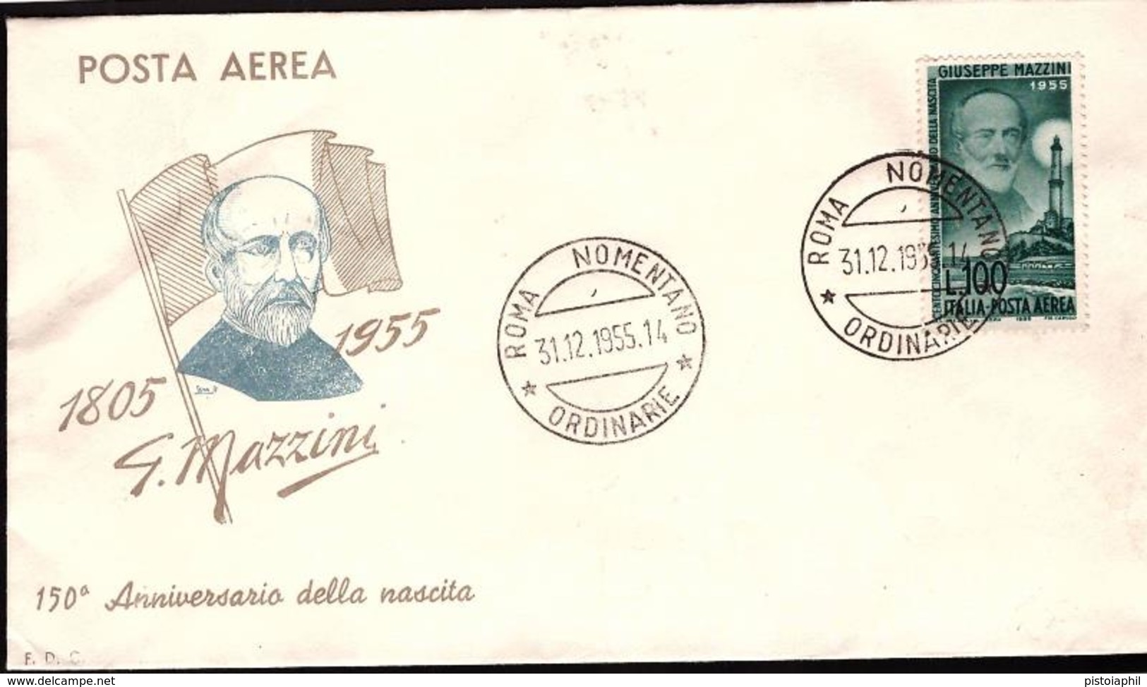 Fdc Ditta Ignota: POSTA AEREA 1000 Lire Mazzini (1955) A_Roma - FDC