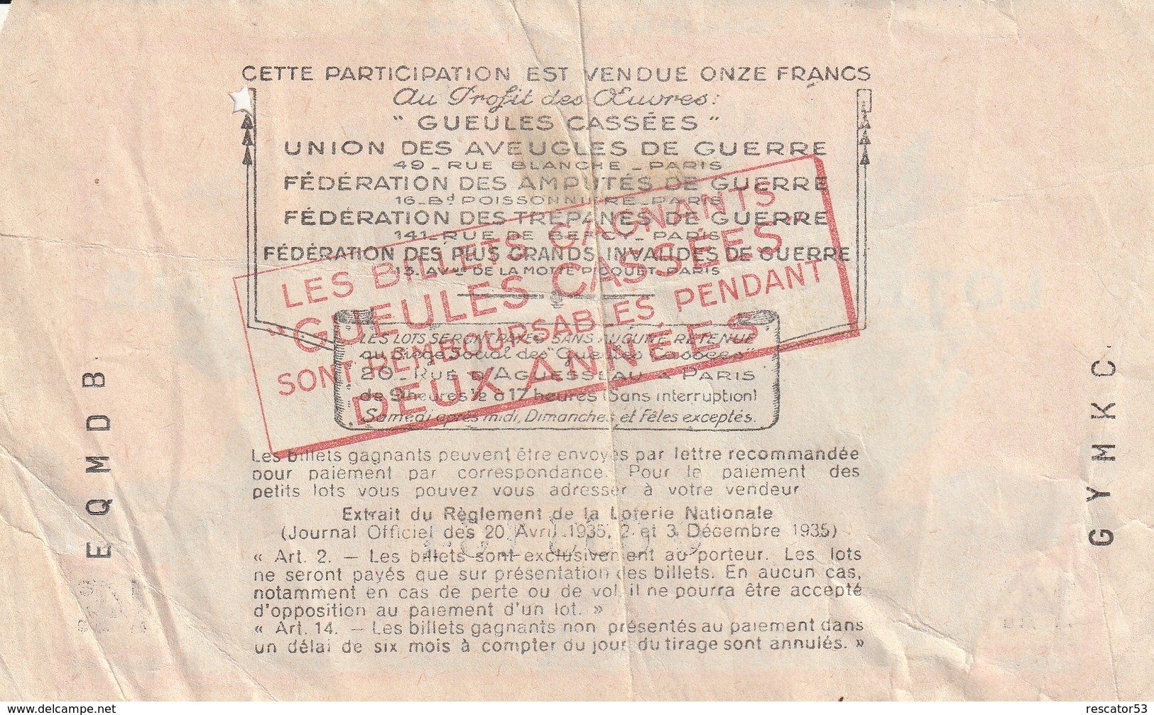 Rare Billet De Loterie "les Gueules Cassées De 1938 - 1914-18