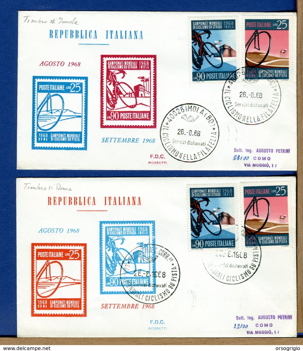 ITALIA - FDC 1968 - CAMPIONATI MONDIALI CICLISMO CYCLE VELO - TIMBRO DI ROMA E TIMBRO DI IMOLA - FDC