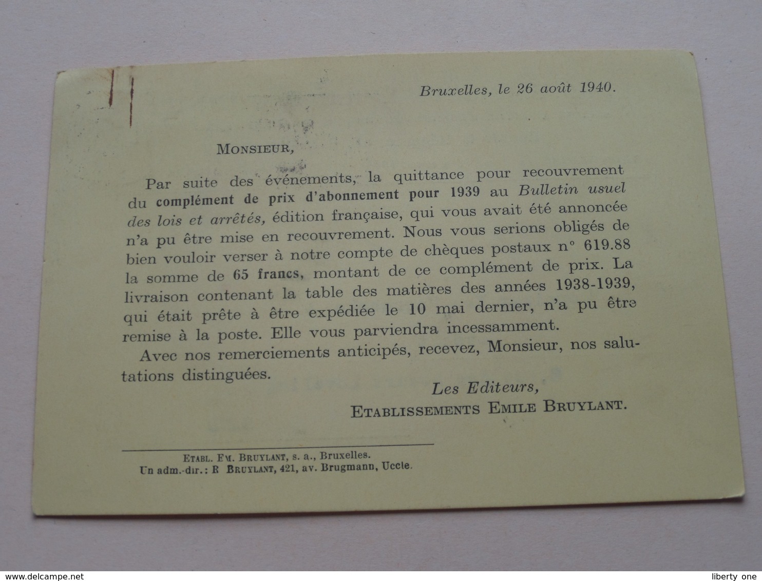 Ets. EMILE BRUYLANT Bruxelles () : Anno 1940 > Van Hoorebeke Avocat > Gand ( Zie/voir Photo ) ! - Andere & Zonder Classificatie