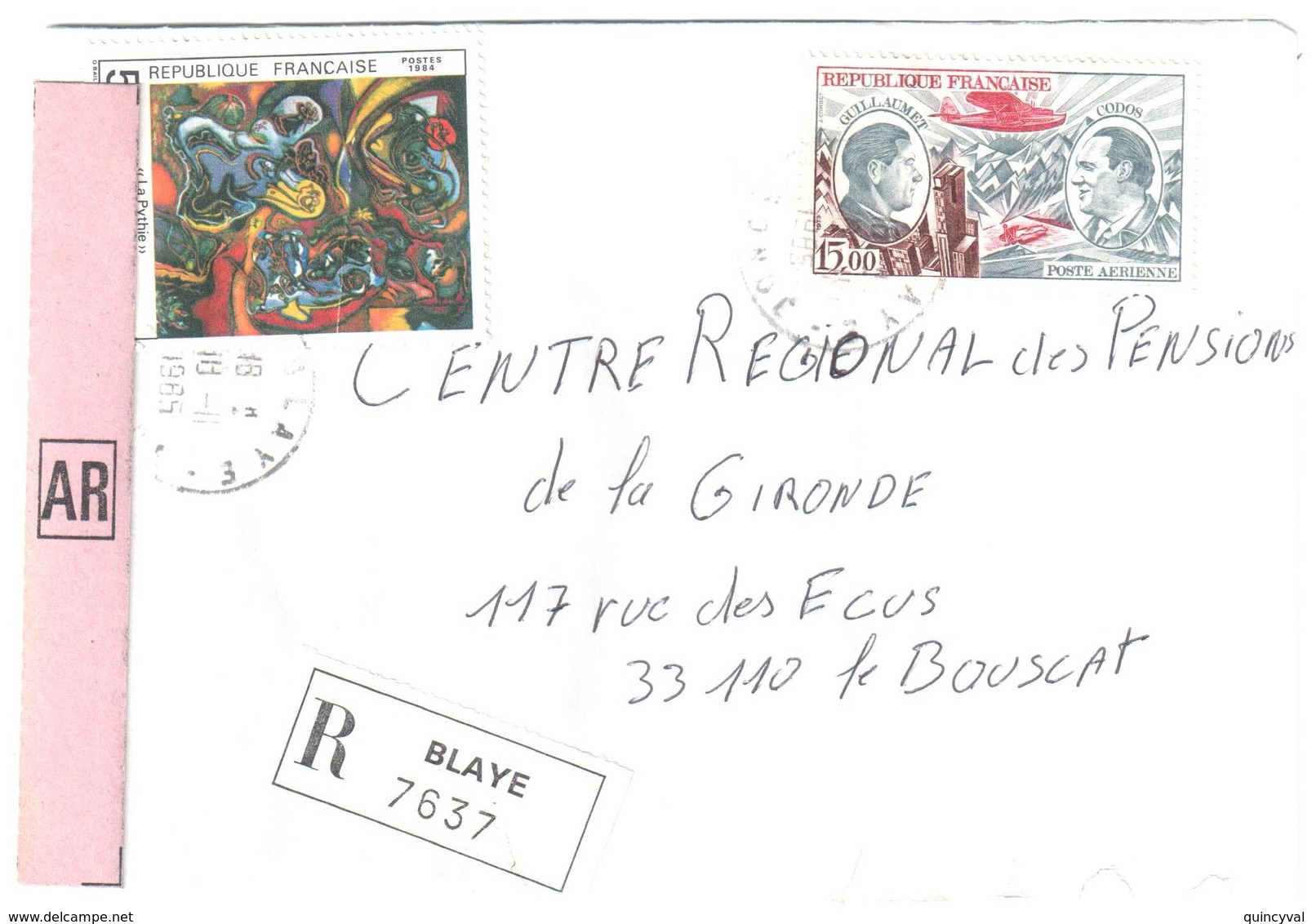 BLAYE Gironde Lettre Recommandée Avec AR Etiquette 15F Guillaumet Codos     5 F Tableau Masson Yv 2342 PA 48 - Lettres & Documents