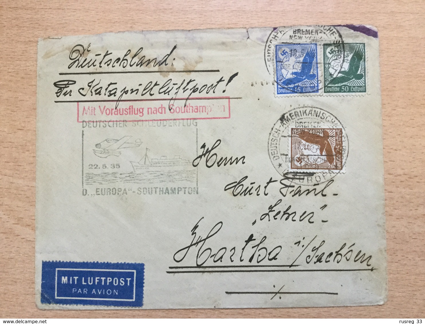 ZEP Deutsches Reich 1935 Schleuderflug D. "Europa" - Southampton Mit Rotem Kastenstempel Mit Vorausflug Nach Southampton - Briefe U. Dokumente