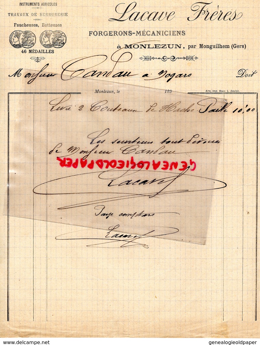 32- MONLEZUN PAR MONGUILHEM-RARE LETTRE MANUSCRITE SIGNEE LACAVE FRERES- FORGERON MECANICIEN-CANDAU NOGARO-1890 - 1800 – 1899