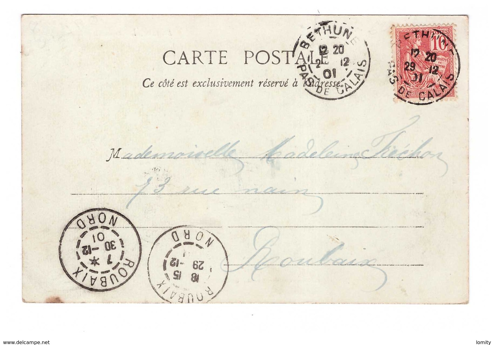 62 Bethune Grand Place Le Marché Cpa Carte Animée Attelage Marchand Cachet Oblitération Bethune 1901 - Bethune