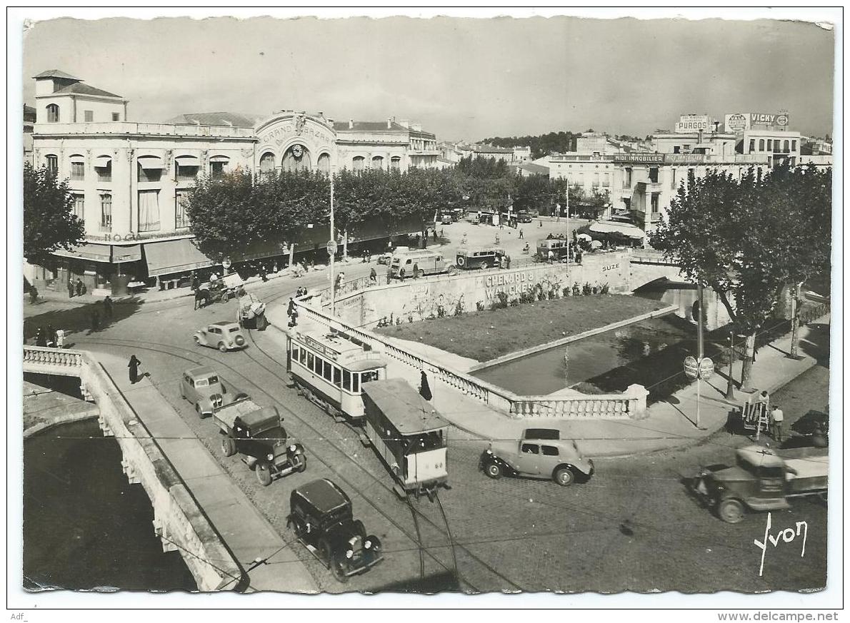 CPSM PERPIGNAN, TRAM TRAMWAY, AUTOS VOITURES ANCIENNES, TACOTS, CAMIONNETTE, LA BASSE ET LE PONT MAGENTA, 66 - Perpignan