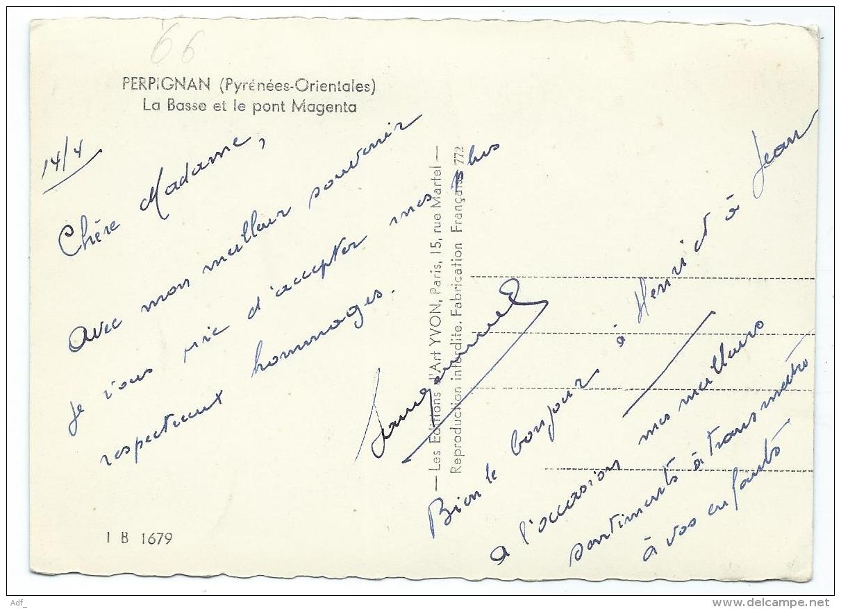 CPSM PERPIGNAN, TRAM TRAMWAY, AUTOS VOITURES ANCIENNES, TACOTS, CAMIONNETTE, LA BASSE ET LE PONT MAGENTA, 66 - Perpignan