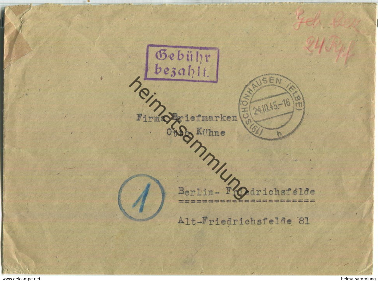 Brief Aus (19) Schönhausen (Elbe) Vom 24.10.1945 Mit 'Gebühr Bezahlt' Stempel B5e In Violett - Zusätzlich 'Geb. Bez. 24 - Autres & Non Classés