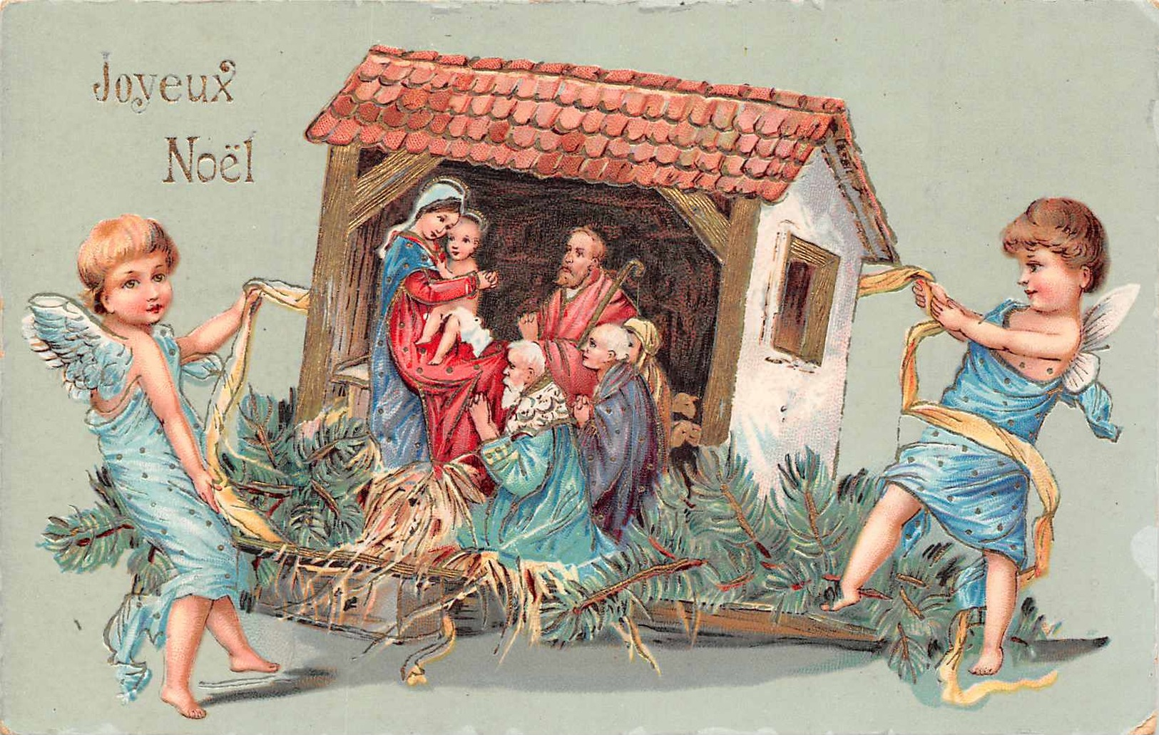 Joyeux  NOEL - Carte Avec 2 Angelots Portant Creche De Noel  ( Legerement Gauffrée ) - Altri & Non Classificati