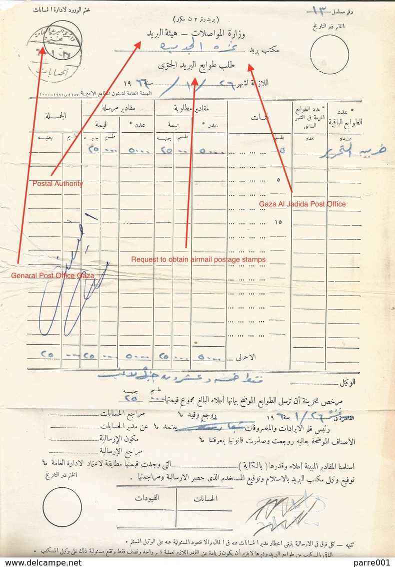 Palestine Egypt 1966 Gaza Arab–Israeli War 1967 Confiscated Postal Form By Israeli Army - Palestina