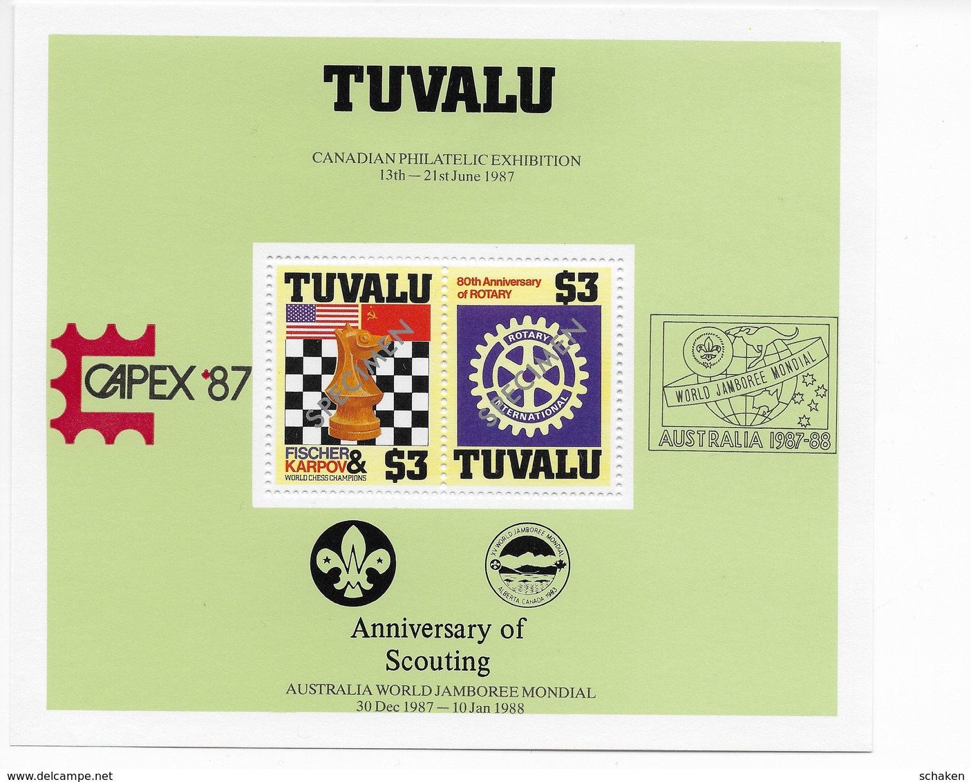 Tuvalu 1986; Fischer Karpov Chess Rotary Scouting Bloc CAPEX 87 Jamboree SPECIMEN Issue - Chess