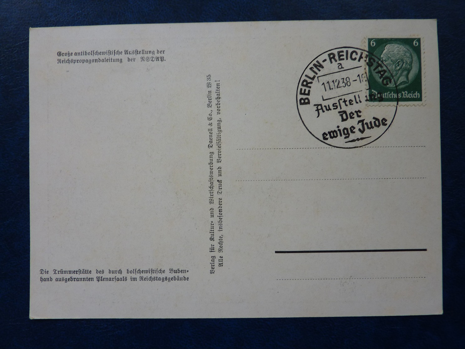 Postkarte Mit Sonderstempel 1938 Berlin, Ausstellung Der Ewige Jude, Briefmarke Hindenburg, Deutsches Reich - Storia Postale