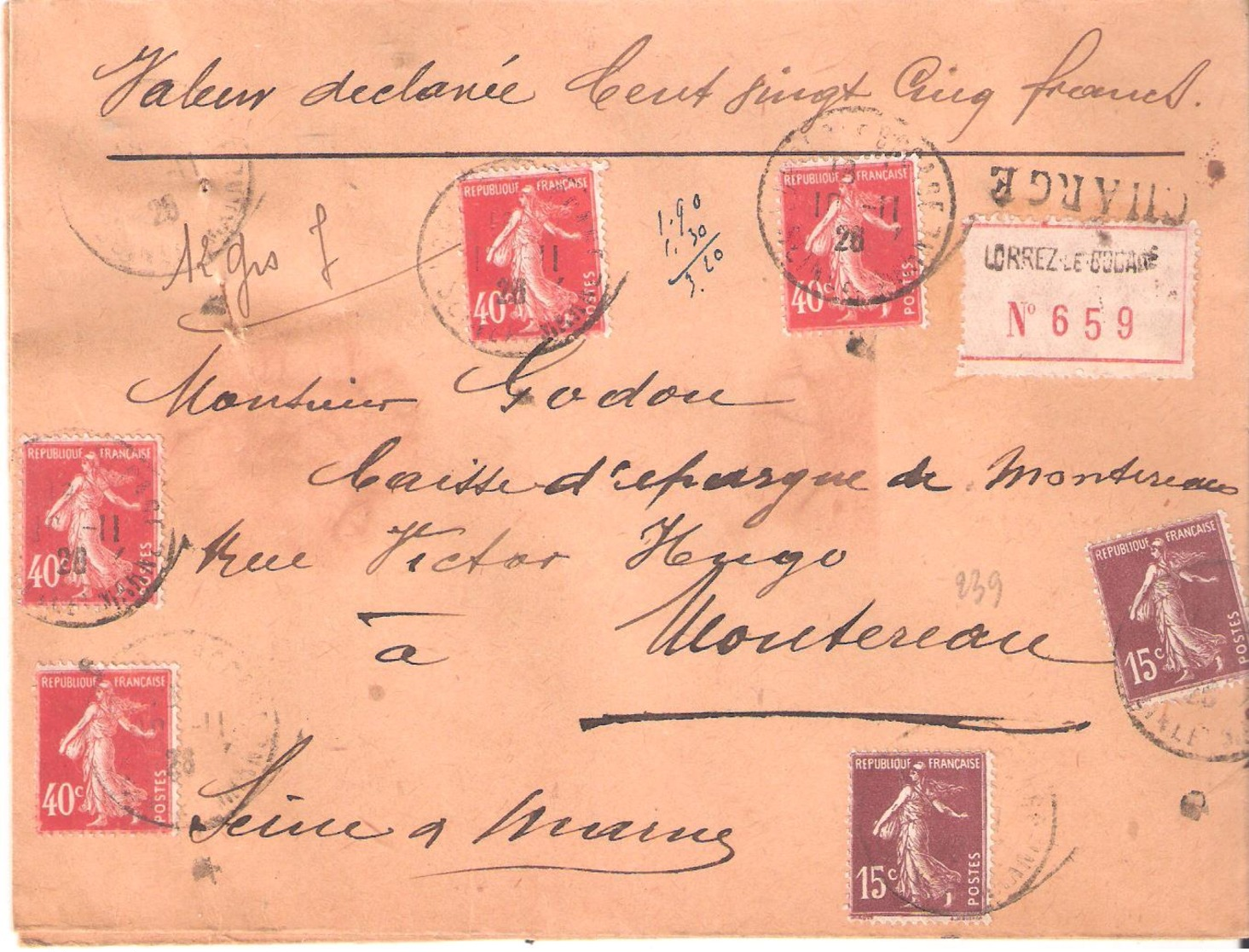 Lettre Chargée De LORREZ LE BOCAGE Seine Et Marne Pour MONTEREAU Seine Et Marne Valeur Déclarée 125 Francs - 1877-1920: Période Semi Moderne